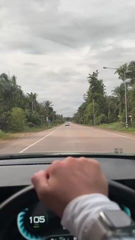 The video shows a first-person perspective from inside a car. A person's hands are visible gripping the steering wheel. The car is driving down a two-lane road lined with lush green vegetation and palm trees. The sky is overcast with clouds. In the distance, a white car is visible. The dashboard displays a speed of 105, which increases to 106, then 108, and finally 109 over the course of the video. The road appears to be in a rural or tropical setting.