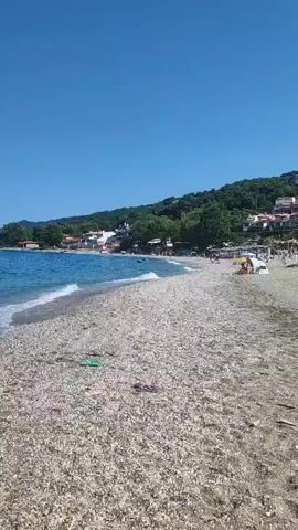 The video shows a sunny day at a pebble beach with clear blue water. Several people are visible swimming and wading in the shallow part of the sea. The beach is lined with pebbles and some sparse vegetation. In the background, there are trees and buildings. The sky is clear blue with a few scattered clouds.