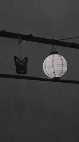 A black and white video shows a round paper lantern hanging from a wire. To the left of the lantern, a decorative butterfly shape hangs from a separate string, also attached to the wire. The lantern is illuminated from within, casting a soft glow. The background is dark and appears to be a wall or sky. The objects are stationary throughout the clip.