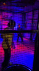 Neon-lit cage structure with occupants observed in Los Angeles
