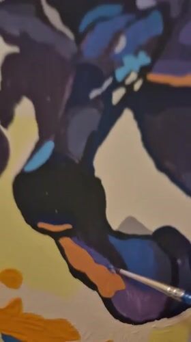 Artist paints blue horse while sipping lemon drink in Tobolsk
