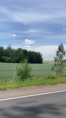 This is a first-person perspective video of a drive through a rural landscape. The road is paved and has a white line marking the edge. On the left side of the road, there is a field of green crops. Further in the distance, there is a line of trees. The sky is blue with scattered white clouds. The video pans slightly to the right, revealing more of the field and the trees. The overall impression is one of a peaceful, scenic drive.