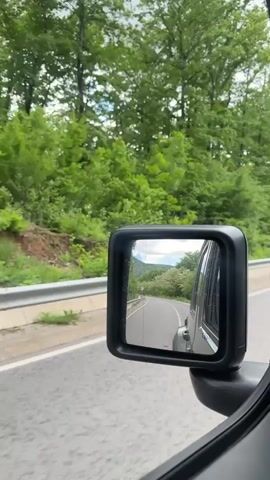 The video shows a car driving along a road next to a lush forest. The view through the side mirror reveals the road curving ahead, with the tail end of the car visible. A gray guardrail separates the road from the trees. The sky is overcast, suggesting a cloudy day.