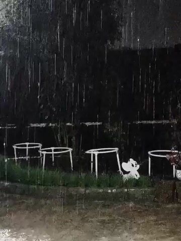 Rain is falling heavily outdoors at night. Several white, circular garden planters are arranged on the grass. A Mickey Mouse figurine stands between two of the planters. The ground is wet and appears to be flooded in places.
