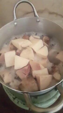Here is a description of the video:

A close-up, static shot shows a silver cooking pot filled with chunks of a root vegetable simmering in water. The vegetable pieces are mostly white or light tan in color, with a few showing hints of pink. Bubbles rise to the surface of the water, indicating that it is boiling. The pot sits on a green stove top, and a plain wall is visible in the background. The handles of the pot are also silver.