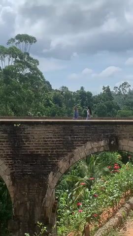 The video shows a wide shot of the Nine Arch Bridge in Ella, Sri Lanka. The bridge is made of brick and has two large arches. Two people are walking on the bridge. There are lush green trees and foliage on either side of the bridge, and the sky is partly cloudy. The camera is positioned on a dirt path with some pink flowers and greenery in the foreground. The video pans slightly to the right, following the two people as they walk across the bridge.