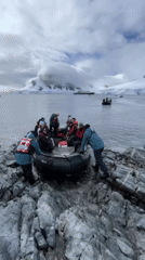 Cruise passengers make Antarctic zodiac landings from ship Hondius