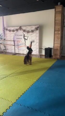 This video captures a dance practice session in a studio in Sverdlovskiy, Russia. The scene features two young girls engaged in energetic movement on a floor covered with interlocking mats, half of which is yellow and the other half is blue. In the background, a banner with the text "Студия танца Quickstep" (Dance Studio Quickstep) is visible, along with a ballet barre and decorative elements. One girl, wearing a black leotard and shorts, is in the foreground, performing a dynamic move. Another girl, in a sparkly red outfit, is also dancing in the background. The room appears to be well-lit, suggesting it's daytime. The overall atmosphere seems focused and dynamic, typical of a dance rehearsal. There are shelves with trophies on the right side of the room, hinting at the studio's achievements. A large wooden structure is also present, adding to the studio's aesthetic.