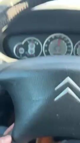 A dashboard perspective from inside a moving vehicle, most likely a car, captures a clear view of a straight, two-lane highway stretching ahead under a bright blue sky. The speedometer in the dashboard is visible and indicates a speed of around 120 kilometers per hour. The landscape on either side of the road features sparse, bare trees suggesting late winter or early spring. No other vehicles are immediately visible on the road ahead.