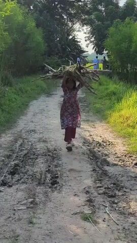A young girl in a floral dress and dark pants walks down a dirt path carrying a bundle of sugarcane stalks on her head. The path is flanked by lush green vegetation and trees. In the background, several adults can be seen walking further down the path. The sky is bright, suggesting daytime. The path appears muddy in places, with tire tracks visible. The girl is the primary focus of the image, her movement down the path indicating she is going somewhere.