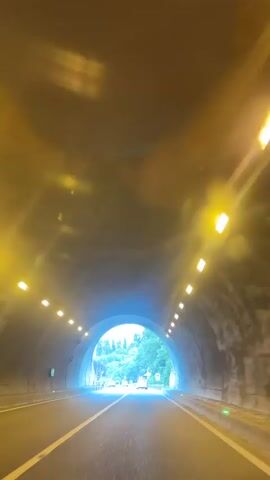 The video begins inside a tunnel with yellow lights illuminating the curved ceiling and walls. The road ahead is visible with white lane markings. As the vehicle exits the tunnel, daylight breaks through the arched opening, revealing a road lined with trees and a cloudy sky. The camera continues to move forward on the road, with other vehicles in the distance. Speed limit signs are visible on the side of the road. The video captures a transition from the dim interior of a tunnel to an open, natural landscape with a paved road.
