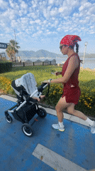 Morning jog with a stroller through Fethiye, Turkey