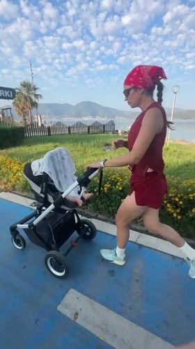 Morning jog with a stroller through Fethiye, Turkey