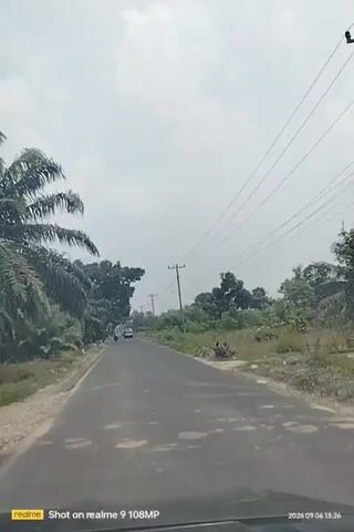 A video captured from a moving vehicle on a rural road. Palm trees line the left side of the road, with other trees and vegetation visible on the right. A utility pole with wires stretches across the sky. Several vehicles, including a car and a motorcycle, are seen on the road ahead, moving in the same direction. The sky is overcast with clouds. A watermark at the bottom left indicates "Shot on realme 9 108MP" and the date and time "2026-09-06 15:26".