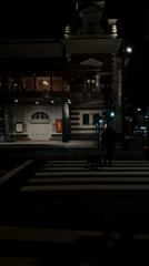 Amsterdam nighttime street scenes capture pedestrian, parked BMW, moving transit