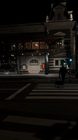 Amsterdam nighttime street scenes capture pedestrian, parked BMW, moving transit