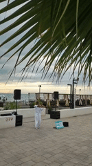 Tourist documents overcast afternoon scenes along Sochi beachfront promenade