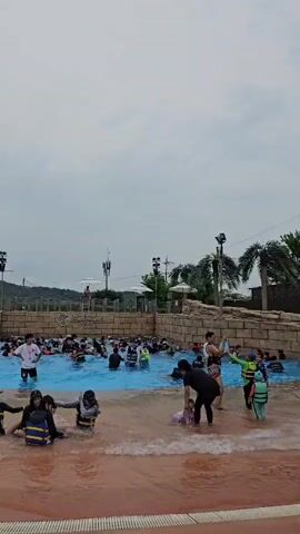 The video shows a crowded wave pool at what appears to be a water park. The sky is overcast. In the foreground, several people, mostly children wearing life jackets, are sitting in the shallow water at the edge of the pool. Further back, a large group of people of various ages are in the deeper section of the wave pool, some standing and others swimming. The pool area is surrounded by a stone-like wall with some artificial palm trees and rock structures. There are also lampposts and what look like speakers or lights mounted on poles around the pool. A lifeguard wearing a white shirt and dark shorts stands in the middle of the pool. The overall impression is a busy day at a popular water attraction.