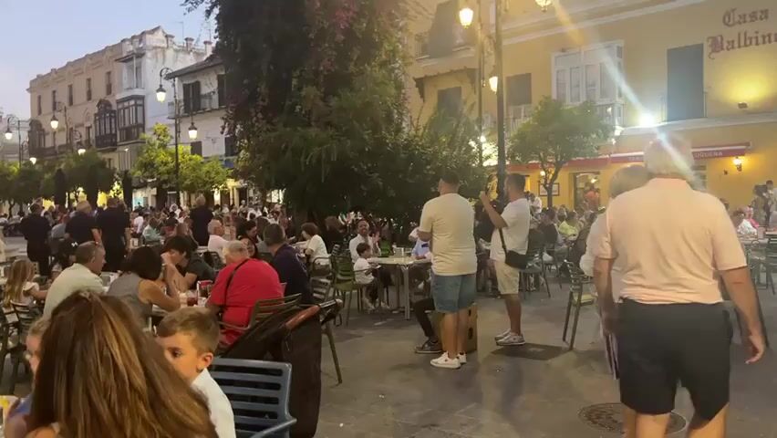 A wide shot captures a bustling outdoor dining area in a European town square at dusk. Many people are seated at tables, some eating, drinking, and conversing. Several individuals stand and walk through the square. In the background, buildings with balconies and ornate architecture line the square, and streetlights illuminate the scene. A large tree with purple flowers stands prominently in the middle of the square. The overall atmosphere is lively and social.