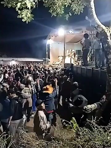 The video shows an outdoor night concert with a large crowd gathered in front of a stage. Several musicians are performing on stage under bright lights. The crowd appears to be actively engaged, with many people raising their hands in the air. The scene is illuminated by stage lights and other artificial sources, creating a dark environment with focused areas of light. Trees and foliage are visible in the foreground and around the edges of the frame, suggesting a natural or semi-rural setting. The overall atmosphere is one of a lively and energetic musical event.