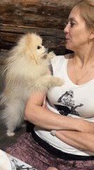 Woman and Pomeranian dog interact indoors in Izhevsk apartment