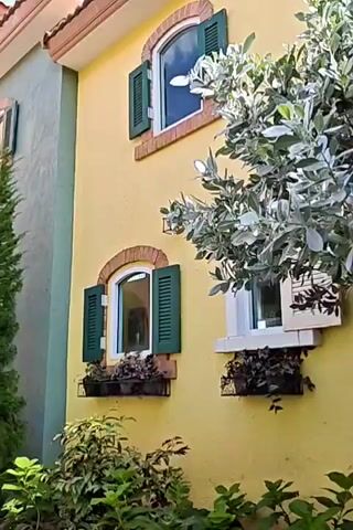 The video shows a narrow walkway between colorful buildings with an Italian architectural style. The buildings are painted in pastel colors like yellow, teal, and pink, with terracotta tile roofs. Several windows with green shutters and arched frames are visible. Planters with lush green plants and some flowering bushes are placed along the walkway and outside the windows. Tall, slender evergreen trees are also planted in large pots. The walkway is paved with textured tiles. The sky is clear and blue. In the distance, a staircase leads up to another building with a similar architectural style. The scene suggests a charming and picturesque setting, possibly a resort or a themed village. There are no people or animals visible in the video. The lighting indicates it is daytime, with bright sunlight casting shadows.