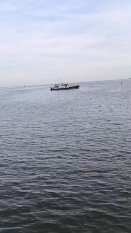 The video shows a body of water, likely a river or a lake, under a cloudy sky. A white and grey boat is visible in the distance, moving across the water. The waves are gentle, suggesting calm conditions. The focus of the video appears to be the boat and the vastness of the water.