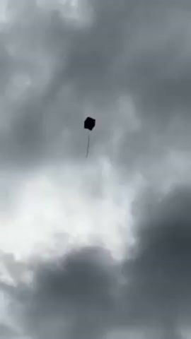 The video begins with a low-angle shot of a black, box-shaped kite flying against a cloudy, gray sky. The camera then pans down to reveal the top of a tree. The scene changes to show monks walking on a grassy area towards a large, ornate building with golden decorations. The sky is partly cloudy, with patches of blue visible. One monk is seen gesturing with his hands in front of the building.