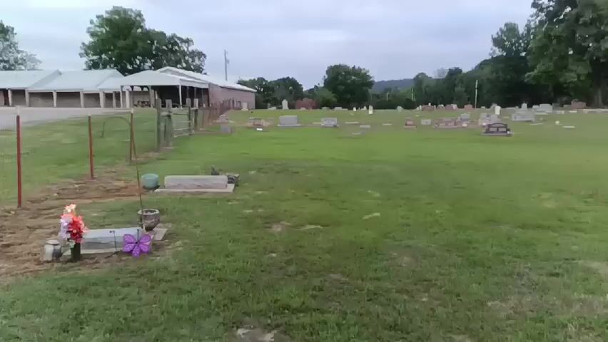 The video shows a wide view of a cemetery. In the foreground is a grave with flowers. A metal fence runs along the edge of the grass.  Behind the fence is a wide expanse of green grass dotted with various headstones. In the background there is a building with multiple roofed areas. Trees surround the graveyard. The sky is overcast. An electronic sound is audible in the video.