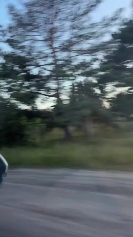 This video appears to be filmed from a car moving along a road, likely in Orlivka, Ukraine. The camera is focused on the side view mirror and the passing scenery. The scene consists of trees and vegetation lining the road, with a clear blue sky overhead, suggesting it is daytime, possibly late afternoon or early evening due to the soft lighting.

The subjects are primarily natural elements and the immediate surroundings of the road. The motion blur indicates the vehicle is in transit. The passing scenery includes dense green foliage and tall trees, some of which are deciduous. In the distance, a building with a white facade and a grey fence is visible, along with what looks like a utility pole and power lines. The perspective from the car's side mirror reflects the road and the passing environment, including the car itself, though details are obscured by motion and reflection.

The activity is simple: travel by car. There are no people clearly visible, nor any specific event taking place beyond the act of driving. The mood is one of calm transit, with the natural landscape being the dominant visual element. The weather appears clear and fair. The time of day is suggested by the quality of light, a soft, diffused glow typical of sunrise or sunset, but the absence of strong shadows and the clear sky lean towards the earlier part of the day. The location cues, such as the style of the building and the type of vegetation, alongside the given context of Orlivka, Ukraine, place the scene in that region. No text is visible in the video.