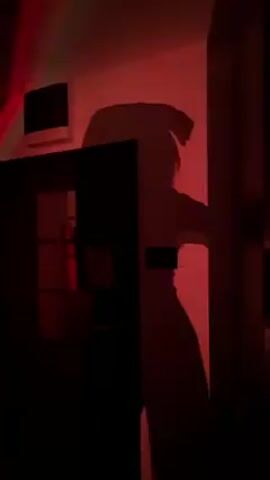 The video shows the silhouette of a person in a room with red lighting. The silhouette is cast on a wall, and a black door obscures part of the view. There's a white object mounted on the wall, and a rainbow light effect is visible in the upper left corner of the frame. The lighting conditions make it difficult to see details beyond the general shapes.