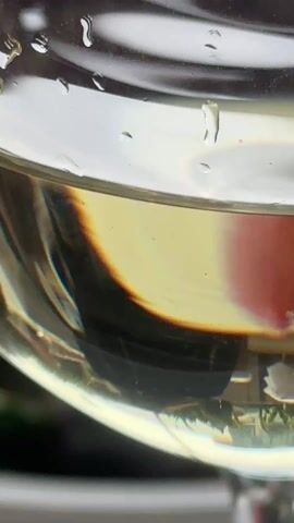 The video shows a close-up view of a white plate with leftover salad and a silver spoon. The salad appears to contain green vegetables, onion, and white cubes, possibly cheese or tofu. The plate is lightly soiled with dressing residue. The background is blurred, but includes what appears to be a glass of light-colored liquid and other indiscernible objects. There is no discernible activity involving people.