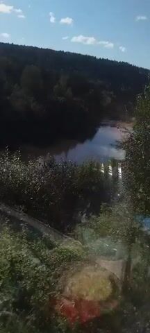 The video appears to be taken from a moving vehicle, possibly a train or car, looking out a window. The view is of a natural landscape with lush green trees and vegetation on a hillside. A body of water, possibly a river or lake, is visible in the middle ground. In the background, there are more trees and hills, with a clear blue sky overhead. There are some structures visible, including what looks like a bridge or railway line on the right side of the frame. The footage is somewhat blurry and has lens flare, indicating it was likely filmed on a sunny day.
