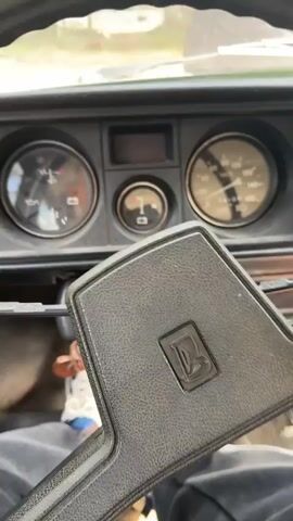 The video is taken from inside a car with a black dashboard. The steering wheel has the Lada logo on it. Through the windshield, a person is sitting on the hood of the car, facing away from the camera. The person is wearing a mint green hoodie and a black quilted vest. The car is parked in a wooded area with tall pine trees. The ground is sandy and there is a small clearing visible in the distance.