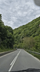 Vehicle travels curved forest road near Varvara, Bulgaria
