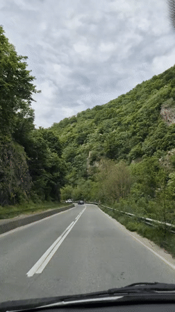 Vehicle travels curved forest road near Varvara, Bulgaria