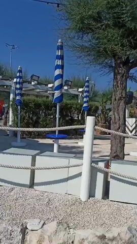 A static shot of a beachside lounge area. The foreground is filled with light-colored gravel and several large, light-colored stones. A low white wall, constructed from rectangular blocks and topped with thick white rope, stretches across the frame. White cylindrical posts, also topped with white rope, mark the boundary of the seating area. Behind this barrier, several closed beach umbrellas with blue and white stripes are arranged on white stands. Small white tables are positioned between some of the umbrellas. A large tree with green foliage and a thick, dark trunk stands prominently in the middle ground, partially obscuring some of the umbrellas and seating. In the background, more umbrellas and seating are visible, along with some structures that appear to be part of a lounge or bar. Beyond the lounge area, a clear blue sky transitions to a calm, blue ocean. The scene is bathed in bright sunlight, suggesting a clear day. There are no people visible in the video.