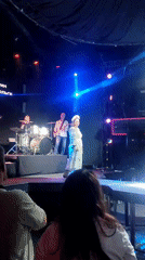 Multi-member band performs live concert with colorful stage lighting