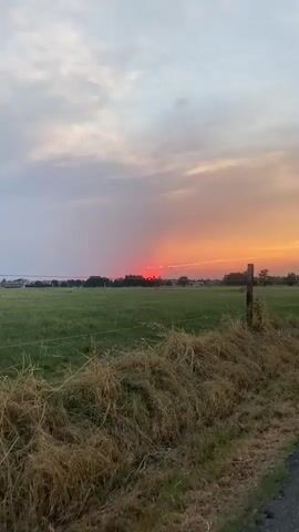 The video shows a rural scene at sunset. The sky is filled with vibrant colors of orange, pink, and red. A road curves through a grassy field, bordered by a fence and dry grass on the left and trees on the right. The sun is low on the horizon, casting a warm glow over the landscape. The footage appears to be captured from a moving vehicle or on foot, following the road. There are no people visible in the video.