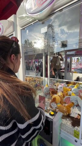 A young woman with long, flowing brown hair, wearing a black and white striped sweater, is intently playing a claw machine. She is viewed from behind and to the side, with her right hand gripping the joystick and her left hand positioned above a prominent yellow button on the machine's control panel.

Inside the clear glass cabinet, a multitude of plush toys is visible, predominantly featuring Disney characters such as Dumbo and Bambi, along with various other animal figures like puppies, rabbits, and bears. The toys are mostly in shades of beige, grey, yellow, and orange, resting on a bed of white, granular filling. Several plushies have small product tags attached. A red card is also discernible among the prizes.

The reflective glass front of the machine vividly captures an outdoor scene. A large Ferris wheel stands prominently against a bright, partly cloudy sky, indicating a sunny daytime setting. Other reflections show blurred fairground structures and people, confirming the location as an amusement park or carnival in Charenton-le-Pont, France. Sunglasses are perched on the woman's head.

The claw machine itself is white, with a partially visible logo or text on its upper section. A small green sticker with a hand icon is located near the bottom right of the glass panel. An audible voice in the background mentions "Wally," "Disney," and "Bambi," consistent with the types of prizes.