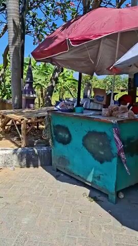 The video pans across a street scene, likely in a tropical or subtropical region given the lush greenery and bright sunlight. The first shot focuses on a mobile food cart, possibly a motorcycle-drawn cart, selling "Pentol Bulat," a type of Indonesian meatball. The cart is adorned with colorful signage and has a red and silver umbrella providing shade. A person, partially visible and wearing a red top, appears to be tending the cart. The camera then moves to a slightly larger roadside stall selling "Es Teh Poci" (Poci Iced Tea), featuring a yellow facade with cartoon illustrations of iced drinks. A few people are visible near this stall, one wearing a black headscarf and patterned skirt, another in a blue shirt and mask. Beyond these stalls, the scene opens up to a road with more roadside structures, including what appears to be a small building with a corrugated metal roof and a wooden table. Further down the road, another shop front with a black and red banner advertising "PRIMA" is visible. The video concludes by showing a small, blue house with a motorcycle parked in front of it, and a large white truck parked further down the road. The environment is characterized by a dusty or unpaved road, trees with dense foliage, and power lines overhead, suggesting a more rural or semi-urban setting. The overall impression is one of everyday street life in a developing area.
