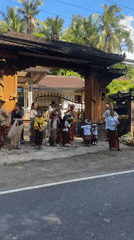 Traditional religious ceremony held in Manggis, Bali with offerings