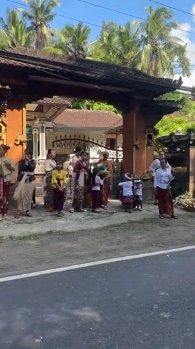 Traditional religious ceremony held in Manggis, Bali with offerings