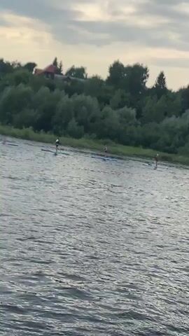 A wide shot shows a body of water with several people stand-up paddleboarding. The people are spaced out across the water, with two people closer together in the center and one person further to the right. They are all facing away from the camera and appear to be paddling. The water is choppy and reflects the overcast sky. In the background, there is a line of trees and some buildings on a hill. The overall scene is serene and suggests outdoor recreation.