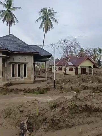 A video shows a natural disaster aftermath with houses and trees covered in mud. The sky is cloudy and gray. The houses appear to be partially submerged in mud and debris. The landscape is uneven with mounds of dirt and mud. Palm trees are visible, some appearing damaged. The scene suggests a flood or landslide has occurred, causing significant destruction to the area. There are no people visible in the video.