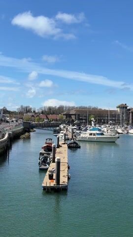 The video shows a marina with many boats docked on a sunny day. In the foreground is a wooden pier with boats tied to it. The water is calm and blue. In the background, there is a large brick building with several stories, and a parking lot with cars. The sky is blue with scattered white clouds. Seagulls fly overhead. The camera pans slowly from left to right, showing more of the marina.