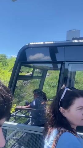 Inside a cable car, passengers look out the windows. The car ascends a mountain, revealing a panoramic view of green valleys and distant snow-capped peaks. The cable car structure and supporting towers are visible. The sky is clear and blue.