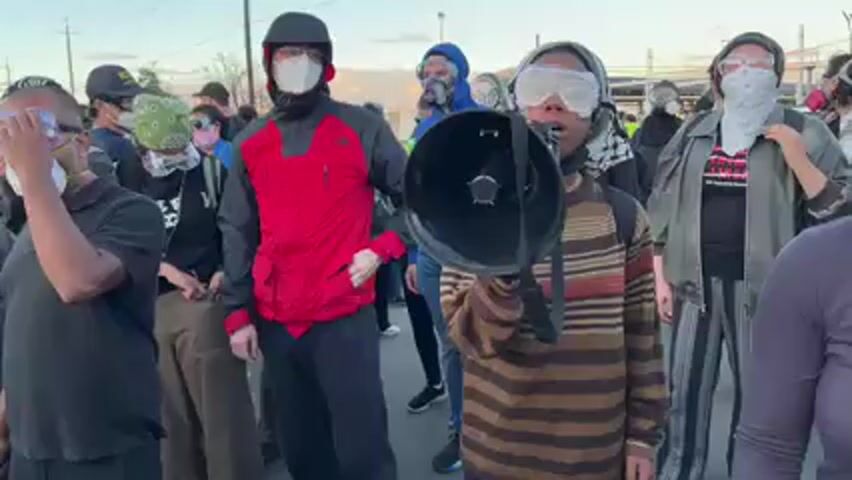 This video captures a daytime protest in Newark, United States, featuring a group of individuals demonstrating outdoors on what appears to be a paved street or road. Many participants are equipped with protective gear, suggesting preparedness for potential irritants.

A central female figure, wearing a brown and black striped long-sleeve shirt and clear safety goggles over a black face mask, is actively leading the demonstration. She holds a black megaphone, branded "PYLE," and is heard chanting. To her immediate right, a male protestor in a red jacket, black balaclava, and clear goggles stands. To her left, another female wears a grey long-sleeve shirt, a keffiyeh wrapped around her head and lower face, and a gas mask with prominent pink filters, also topped with clear goggles.

Other protestors in the background and foreground also wear various forms of facial coverings, masks, and goggles, including respirators. The group is audibly chanting "Viva la huelga," which translates to "Long live the strike," indicating the nature of their protest. The background shows an urban or industrial environment with utility poles and indistinct buildings. The lighting suggests it is daytime, possibly late afternoon or early evening. One individual's shirt briefly displays the text "BLACK LIVES." The overall scene conveys a sense of organized and determined public assembly.