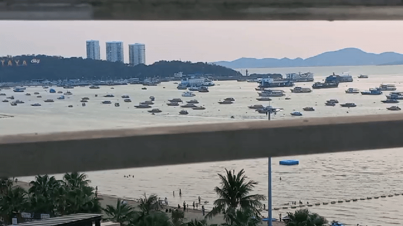 Elevated views capture busy Pattaya Bay and beach scene
