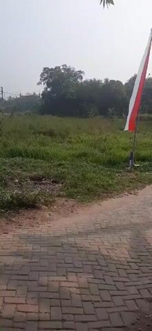 This video shows a pathway leading to an entrance decorated with flags. The pathway appears to be paved with interlocking bricks and is surrounded by green grass and trees. Several Indonesian flags, red and white, are prominently displayed on poles. Additionally, there are smaller triangular flags in various colors, strung along a fence. The entrance itself is made of bamboo or wood and has a sign that reads "RT 04 RW 01 CISAUK-TANGERANG". The sky is overcast, suggesting it might be early morning or late afternoon. There are no people visible in the video.